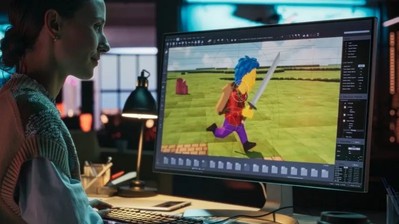 Pantalla del editor con un personaje de prueba corriendo por un mapa de hierba