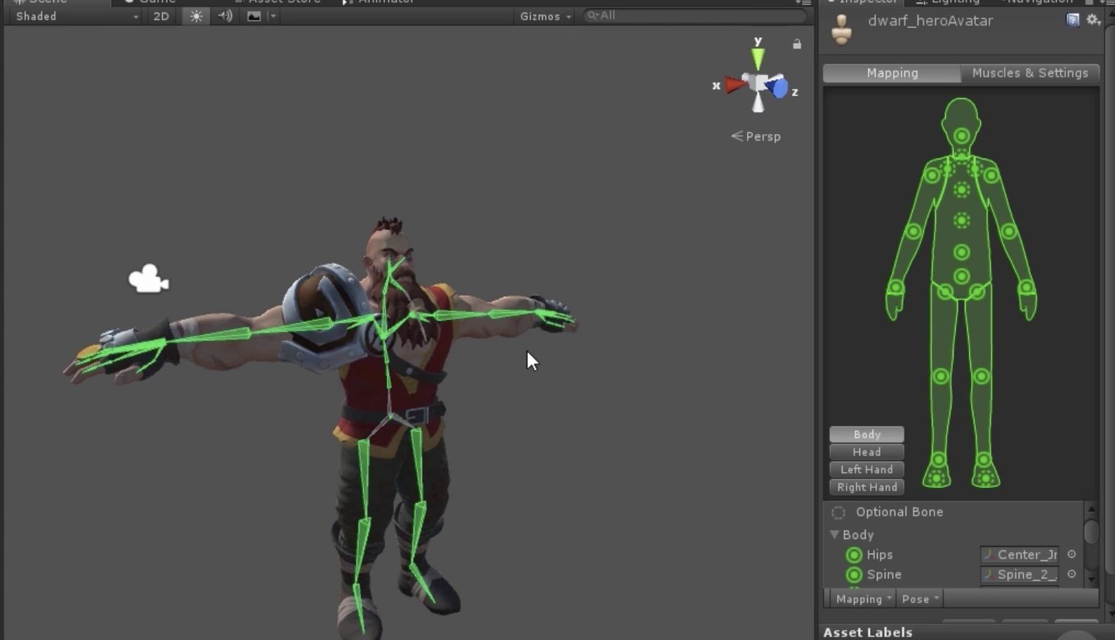 Un personaje enano con su esqueleto de animación marcado en verde dentro del editor